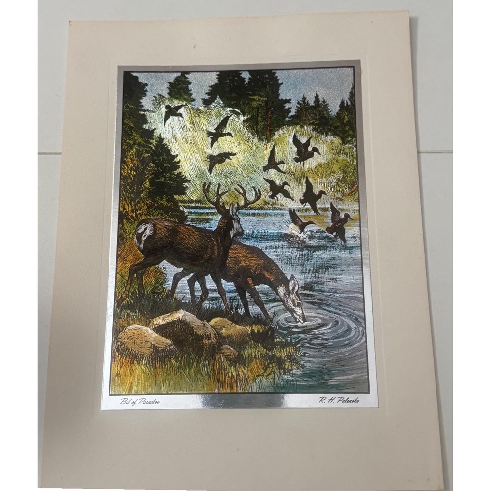 Vintage R.H. Palenske Bit of Paradise Foil Art Print Deer Ducks B&B USA 1950's